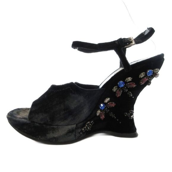 Prada Velor Wedge Sole Sandals High Heel Platform Bijou Strap 37.5 Black GV • - Picture 2 of 9